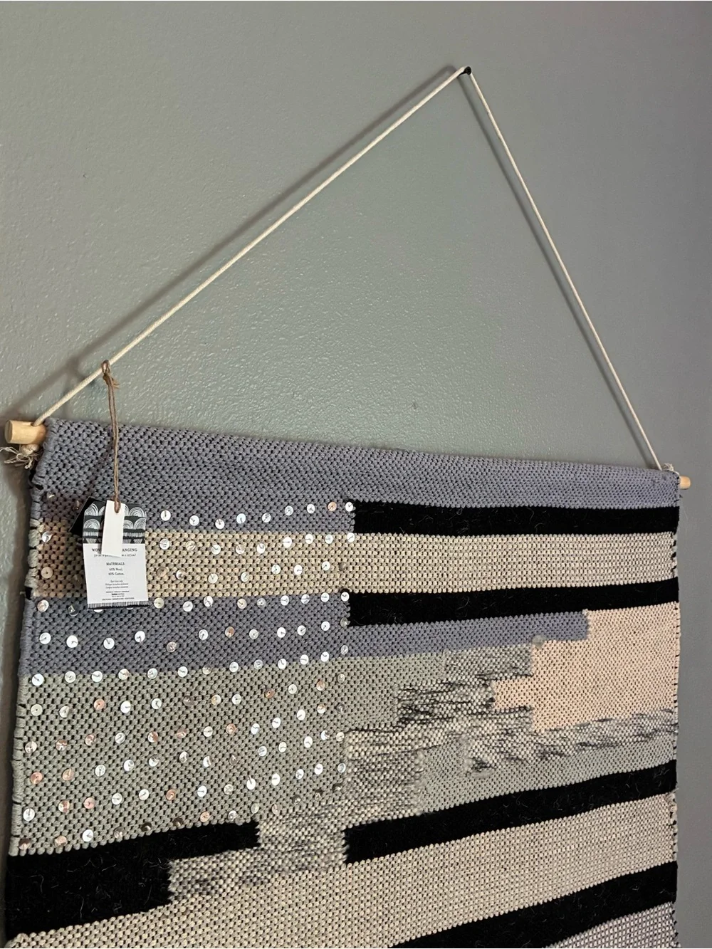 New. Wool Handwoven Boho Geometric Wall Hanging Decor - Beige, Gray & Black